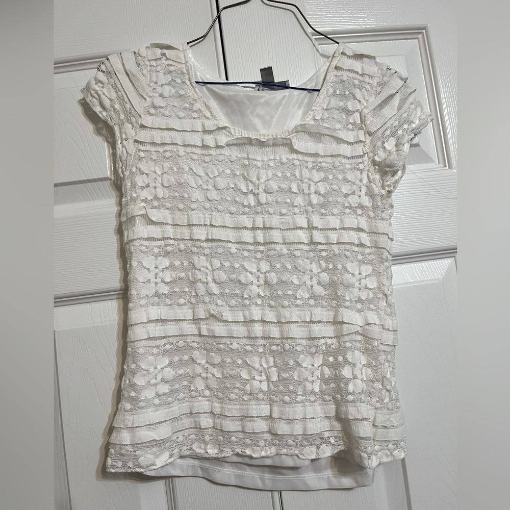 Women's Floral Mesh Lace Design White Blouse Top
